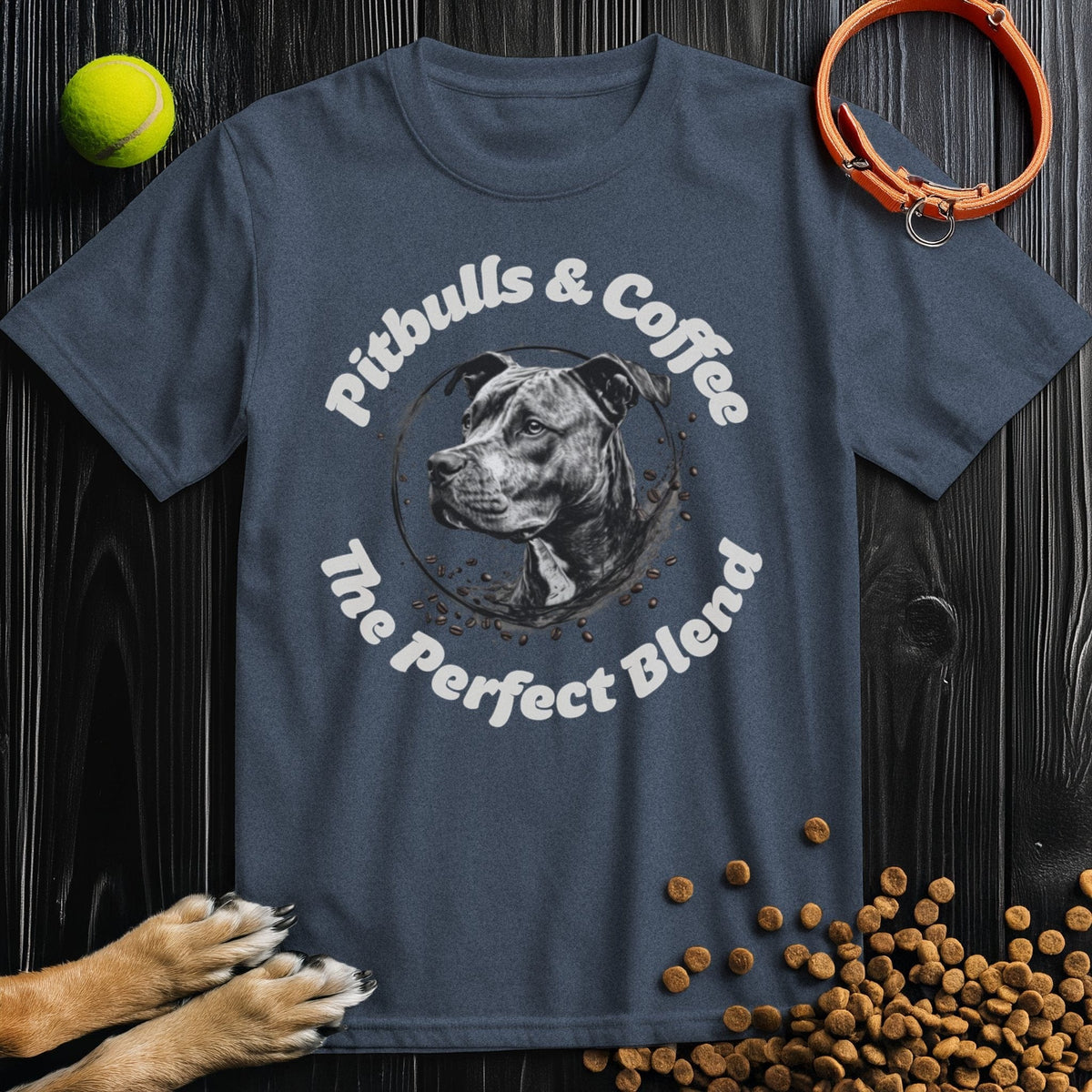 Navy blue Pitbulls And Coffee TShirt with bold pitbull graphic and coffee-themed print. Perfect for dog lovers at Good Boy Mob.