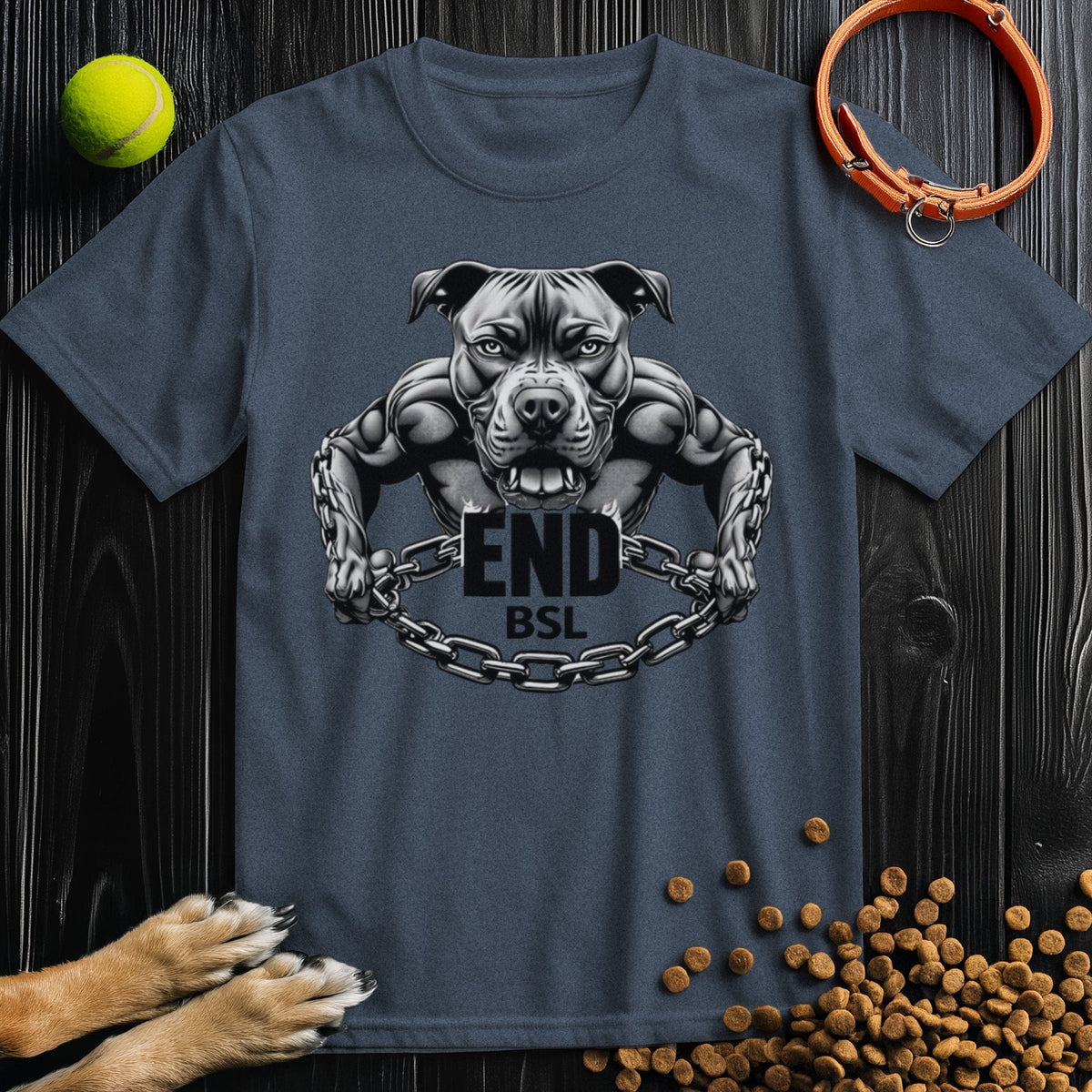 Navy blue Unchained Spirit T-Shirt with bold Pitbull illustration and 'End BSL' slogan, crafted from sustainable 100% cotton.