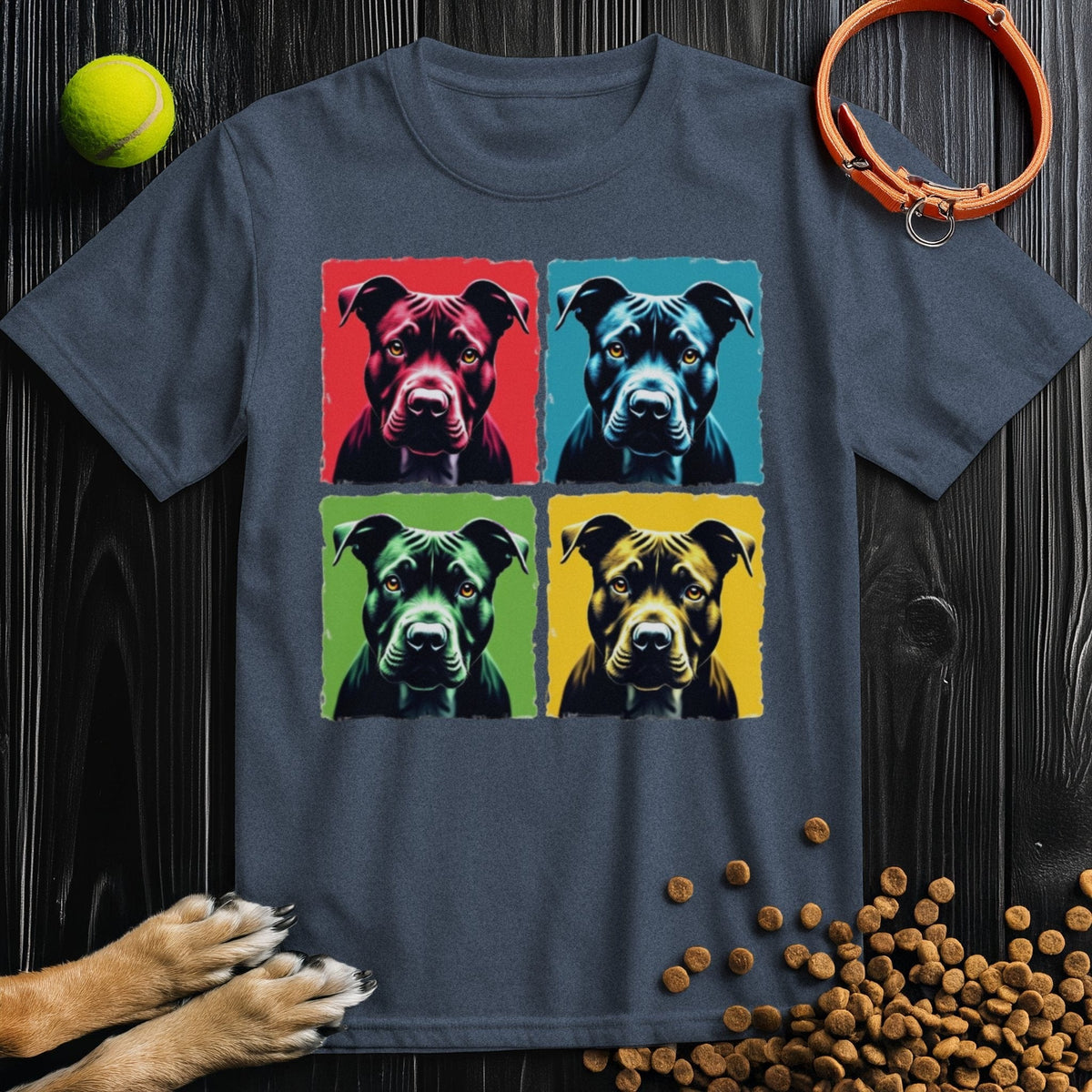 Navy Pittie Pop Art T-Shirt with four vibrant pit bull dog prints. Stylish cotton tee perfect for dog lovers and casual wear.
