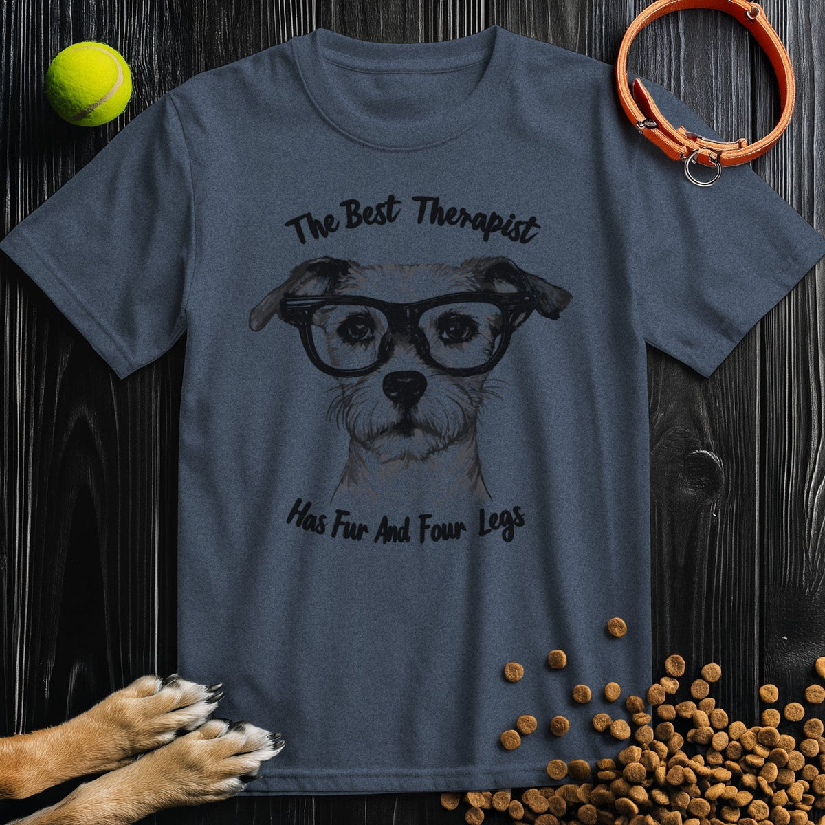 Navy blue therapist T-shirt with dog graphic and quote 'Has Fur And Four Legs.' Soft cotton tee perfect for casual wear and animal enthusiasts.