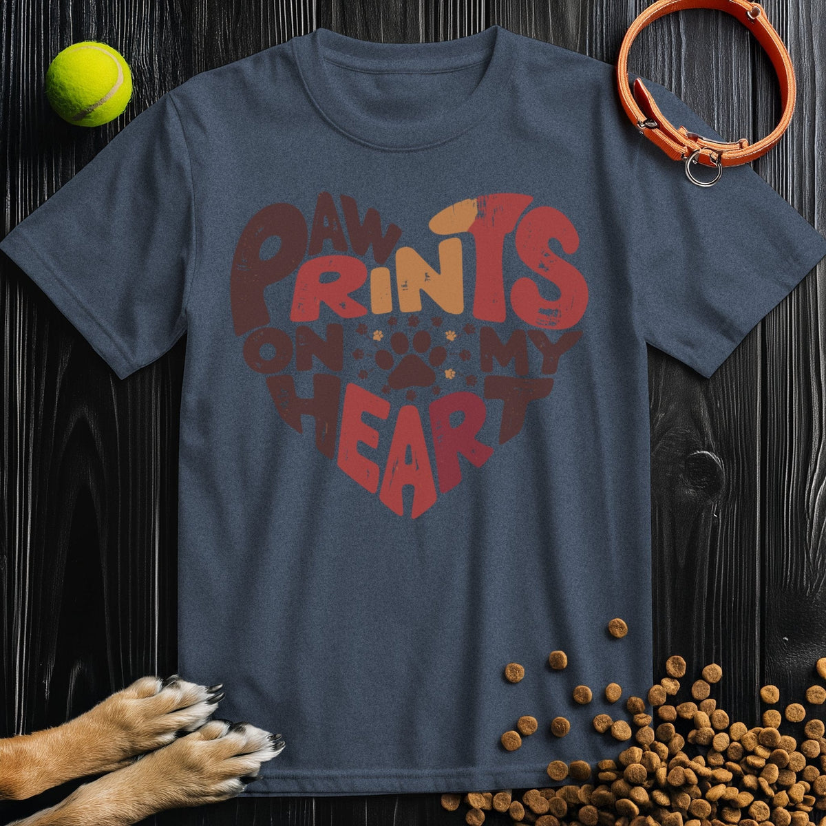 Navy blue Paw Print Heart T-Shirt with bold dog-themed lettering in a heart shape. Ideal for pet lovers seeking casual comfort.