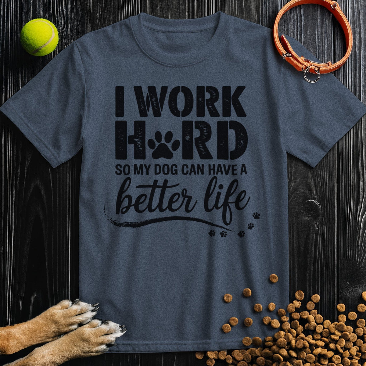Navy blue dog-themed cotton t-shirt with paw print design and motivational quote, perfect for pet owners seeking comfort and style.