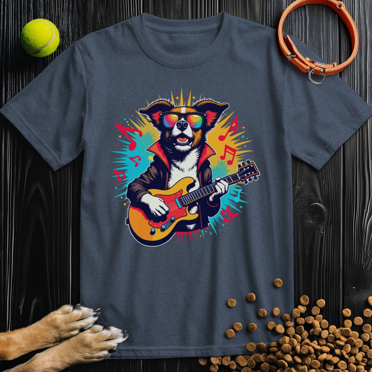 Dark gray dog themed shirt with vibrant rocking puppy guitar design. Perfect for casual wear and fans of music and dogs.