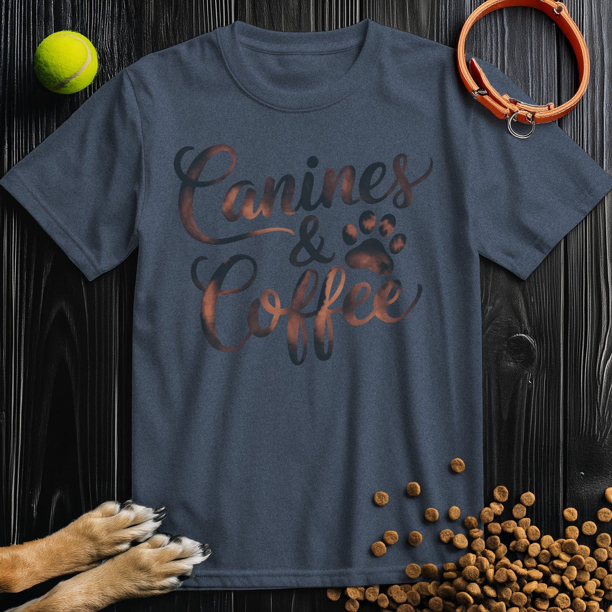 Canines & Coffee Tee in navy blue, featuring a paw print graphic, made from soft ring-spun cotton for casual pet-friendly style.