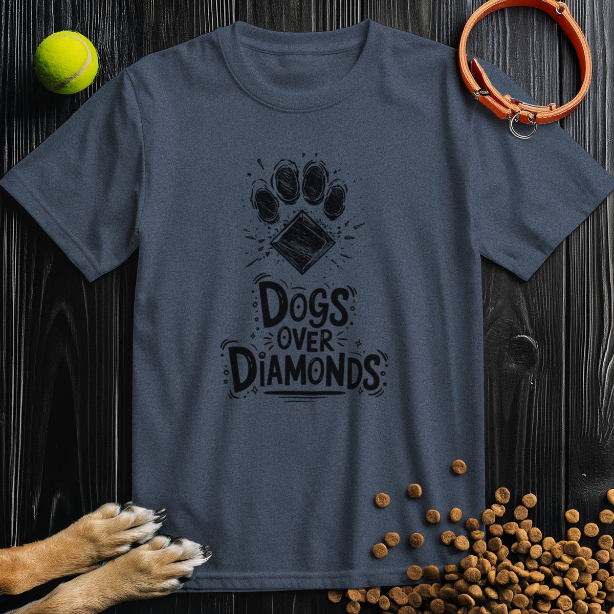 Dark gray Dogs Over Diamonds T-Shirt featuring a bold paw print and diamond design, crafted in eco-friendly cotton for dog enthusiasts.