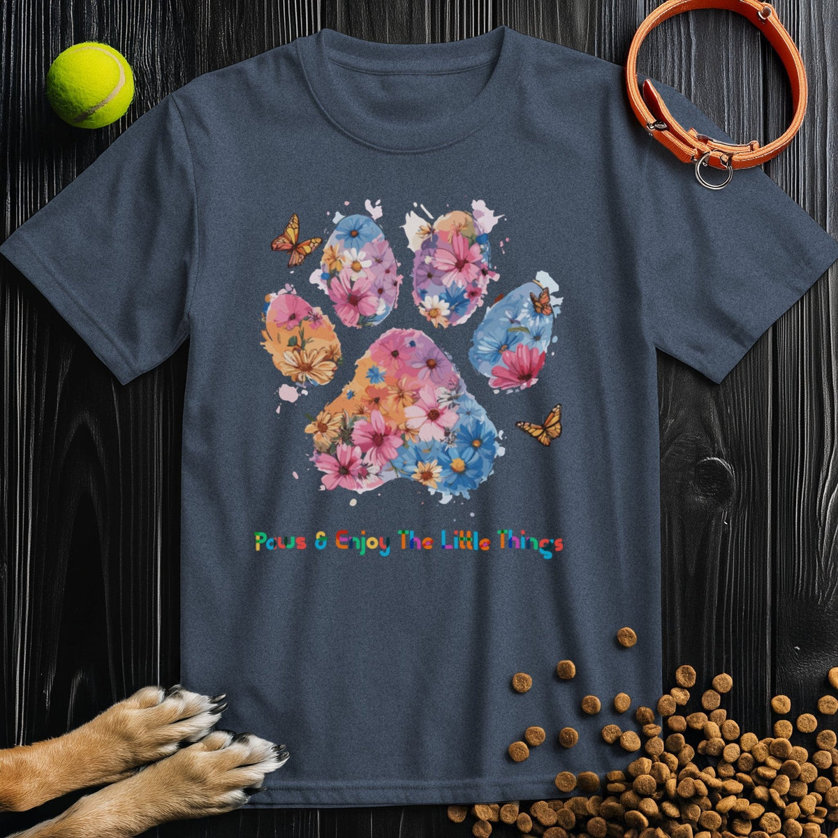 Navy Paws & Enjoy Dog Watercolor Shirt featuring colorful floral paw print design, lightweight cotton T-shirt ideal for dog enthusiasts.
