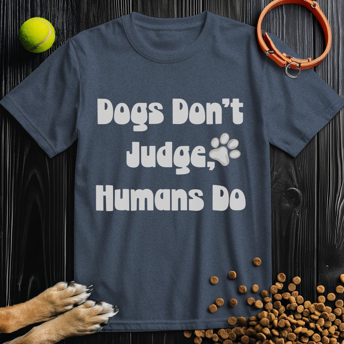 Sustainable Ethical Dog TShirt in navy blue featuring paw print graphic and bold quote, crafted from eco-friendly cotton, regular fit.