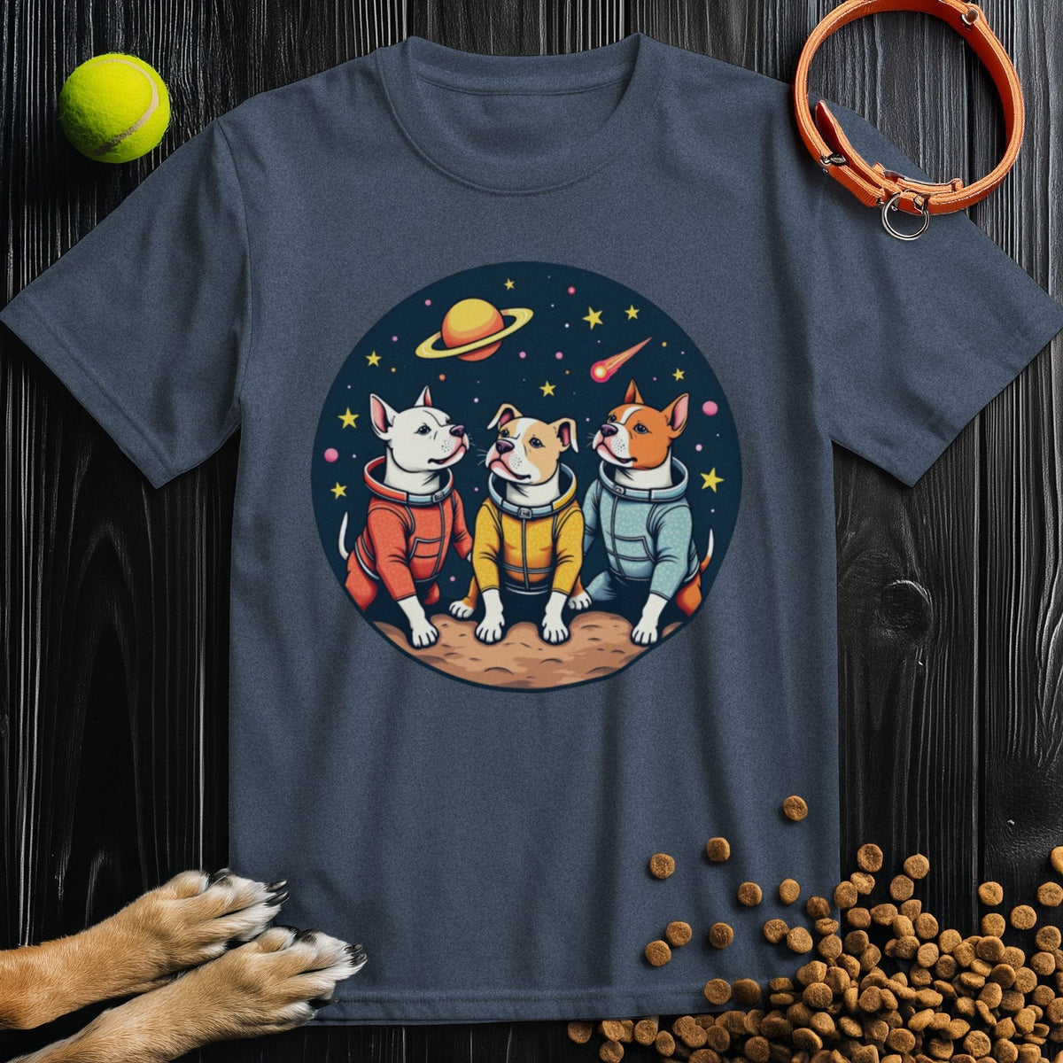 Navy blue Cosmic Pits T-Shirt made of 100% cotton, showcasing three space-themed dogs in colorful suits under a starry sky.