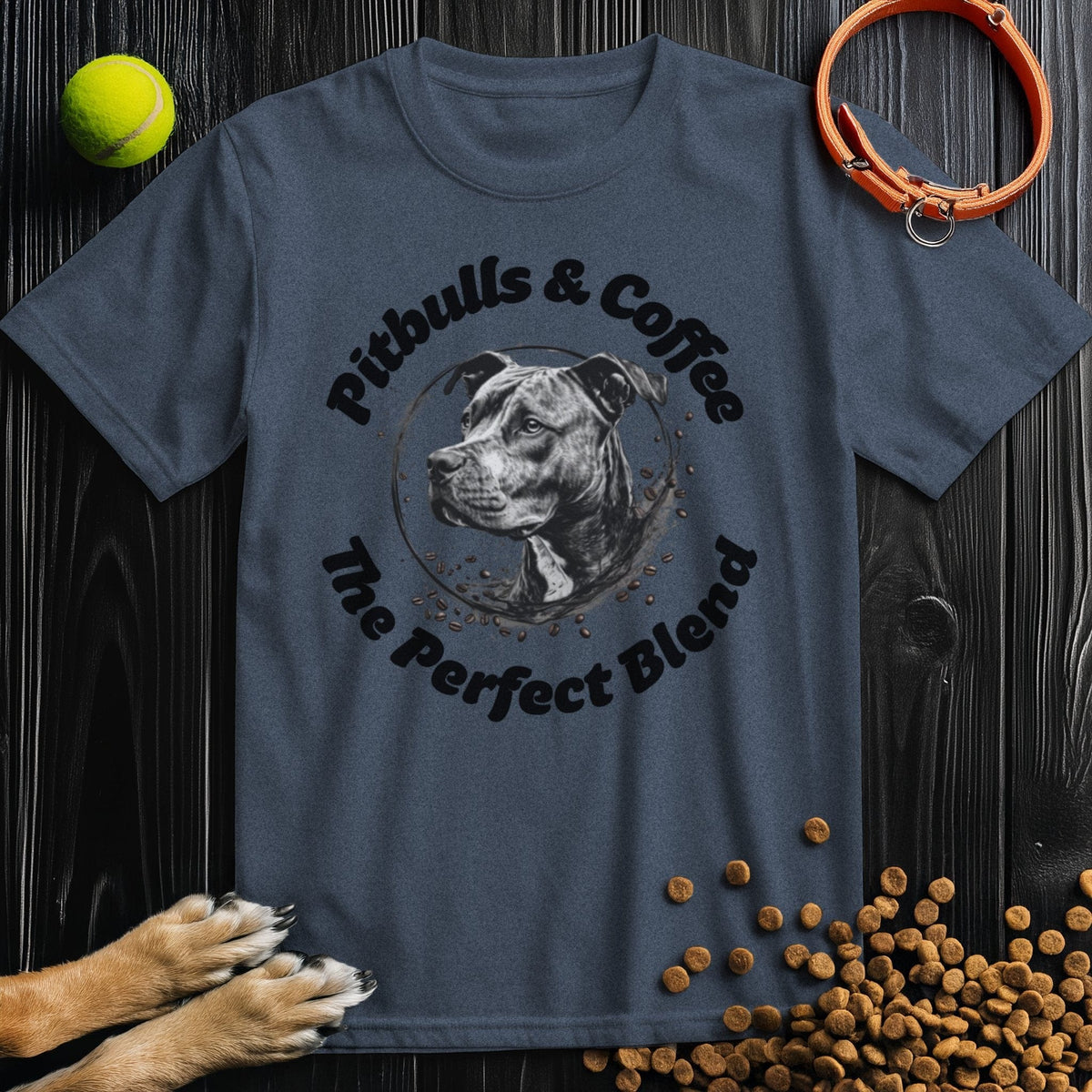 Navy blue Pitbull T Shirt with coffee-themed design and pitbull illustration. Great for pet lovers who enjoy a strong brew.