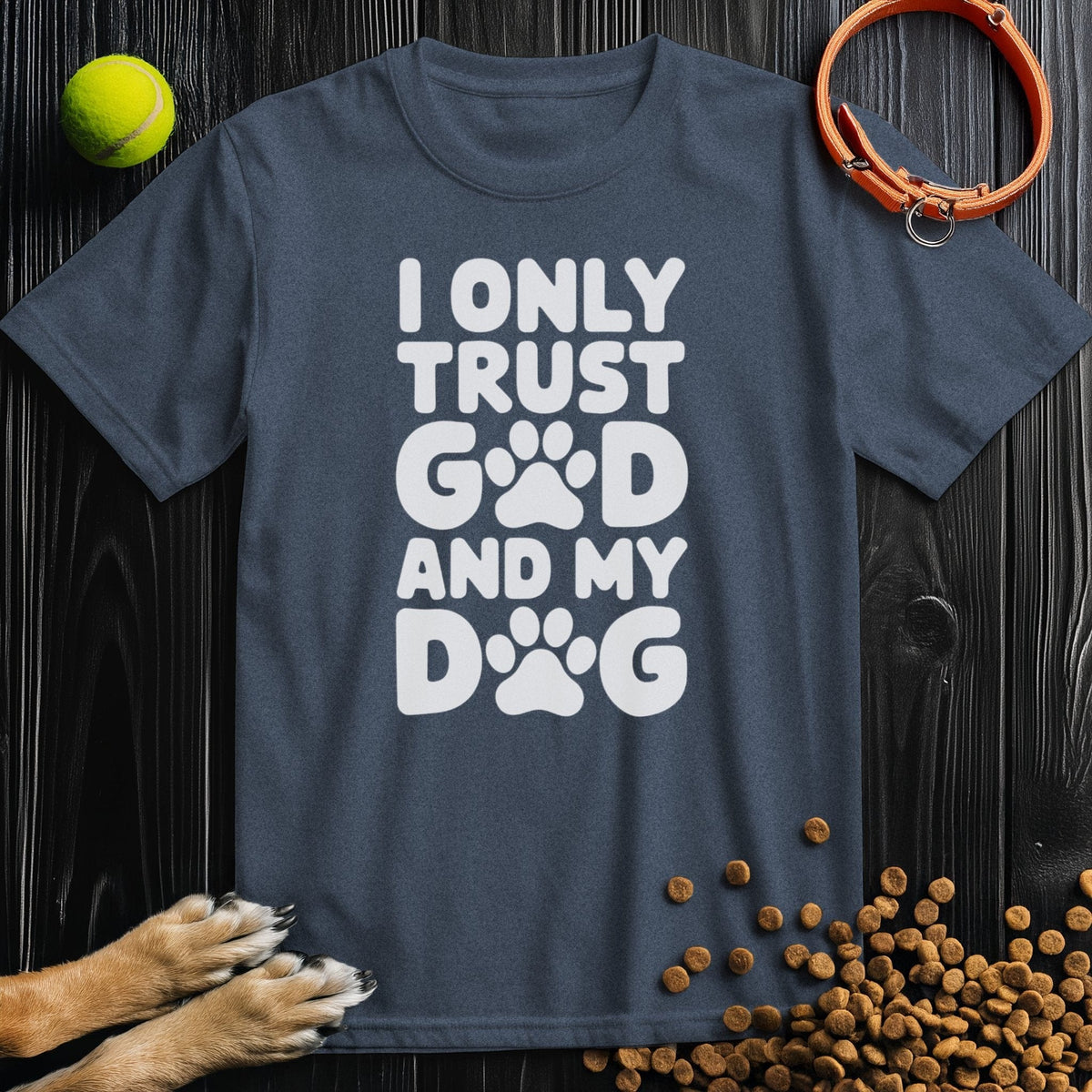 Navy Dog and God T-Shirt featuring 'I Only Trust God and My Dog' slogan with paw prints, made of soft cotton for everyday comfort.