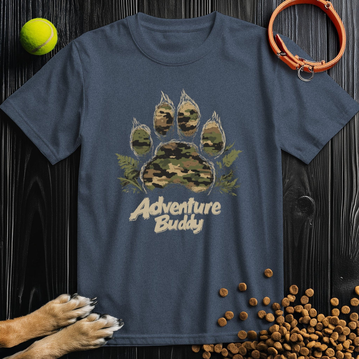Camo Paw Adventure T-Shirt in navy blue featuring camo paw graphic and 'Adventure Buddy' slogan, perfect cotton tee for pet-themed outings.