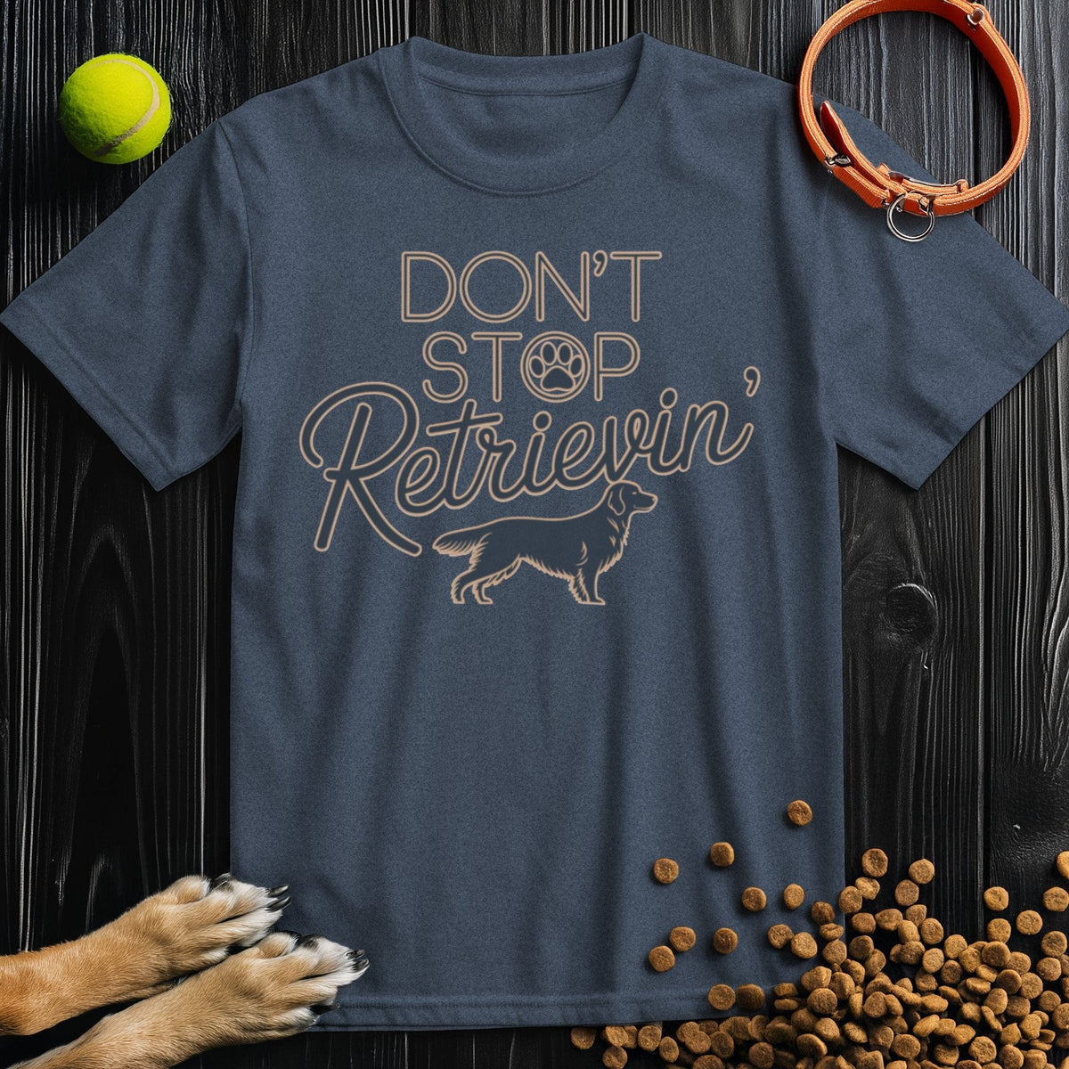 Golden Vibes T-Shirt - Retriever Shirt in navy blue with paw print design and retriever artwork. Ethically made cotton tee for pet enthusiasts.