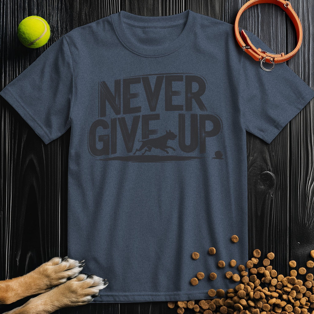 Navy blue Never Give Up T-shirt featuring a dog silhouette in DTG print, breathable cotton, unisex fit for men and women.