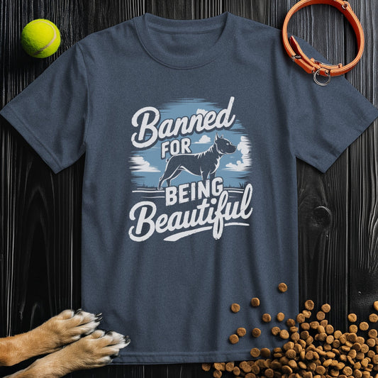 Banned for Beauty Dog Tee in navy blue featuring pitbull silhouette and bold white text. Ideal for pitbull lovers and ethical fashion fans.
