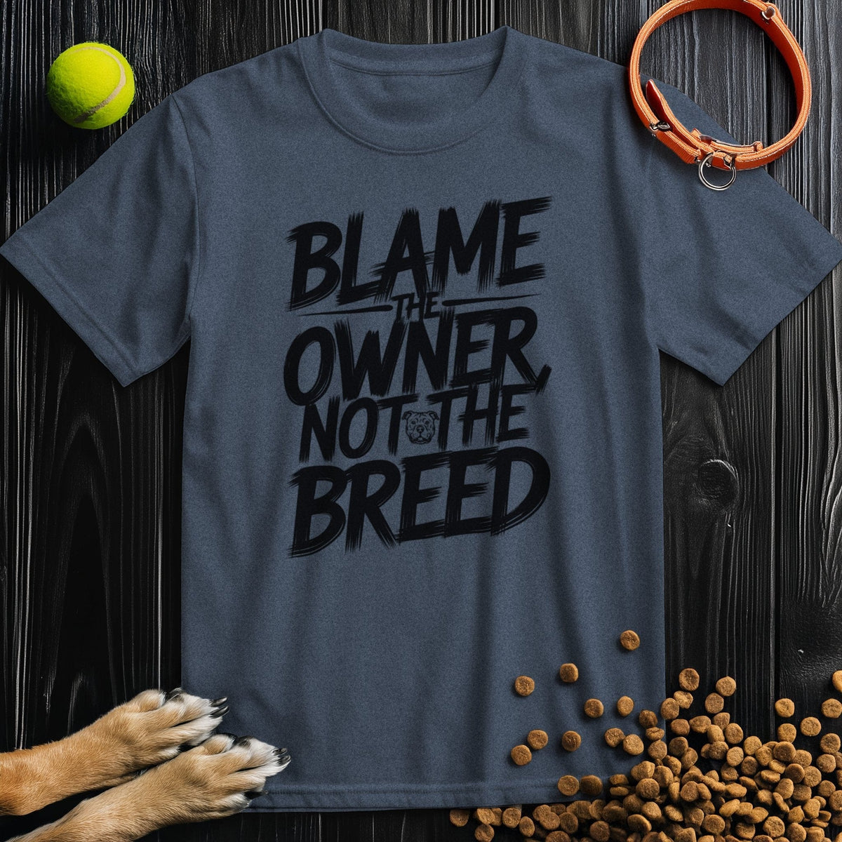 Dark grey cotton t-shirt for dog lovers featuring 'Blame the Owner Not the Breed' text. Ethical and comfortable Gildan tee.