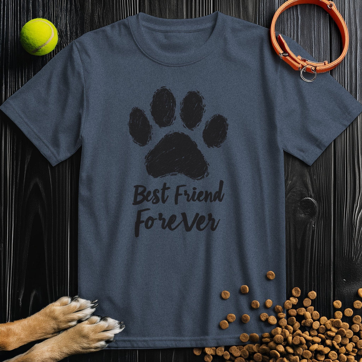 Navy Forever Black T-Shirt with black paw print and 'Best Friend Forever' slogan. Crew neck cotton tee for pet-themed fashion lovers.