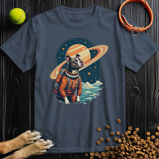 Cosmic Canine Shirt in navy blue featuring a dog astronaut with Saturn backdrop. A stylish dog lover tee made from soft ethical cotton.