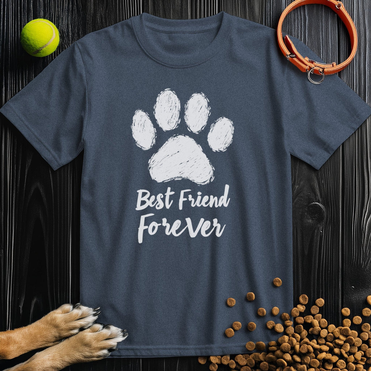 BFF white t-shirt in navy with dog paw print and 'Best Friend Forever' text. Ethical cotton dog theme shirt for pet lovers.