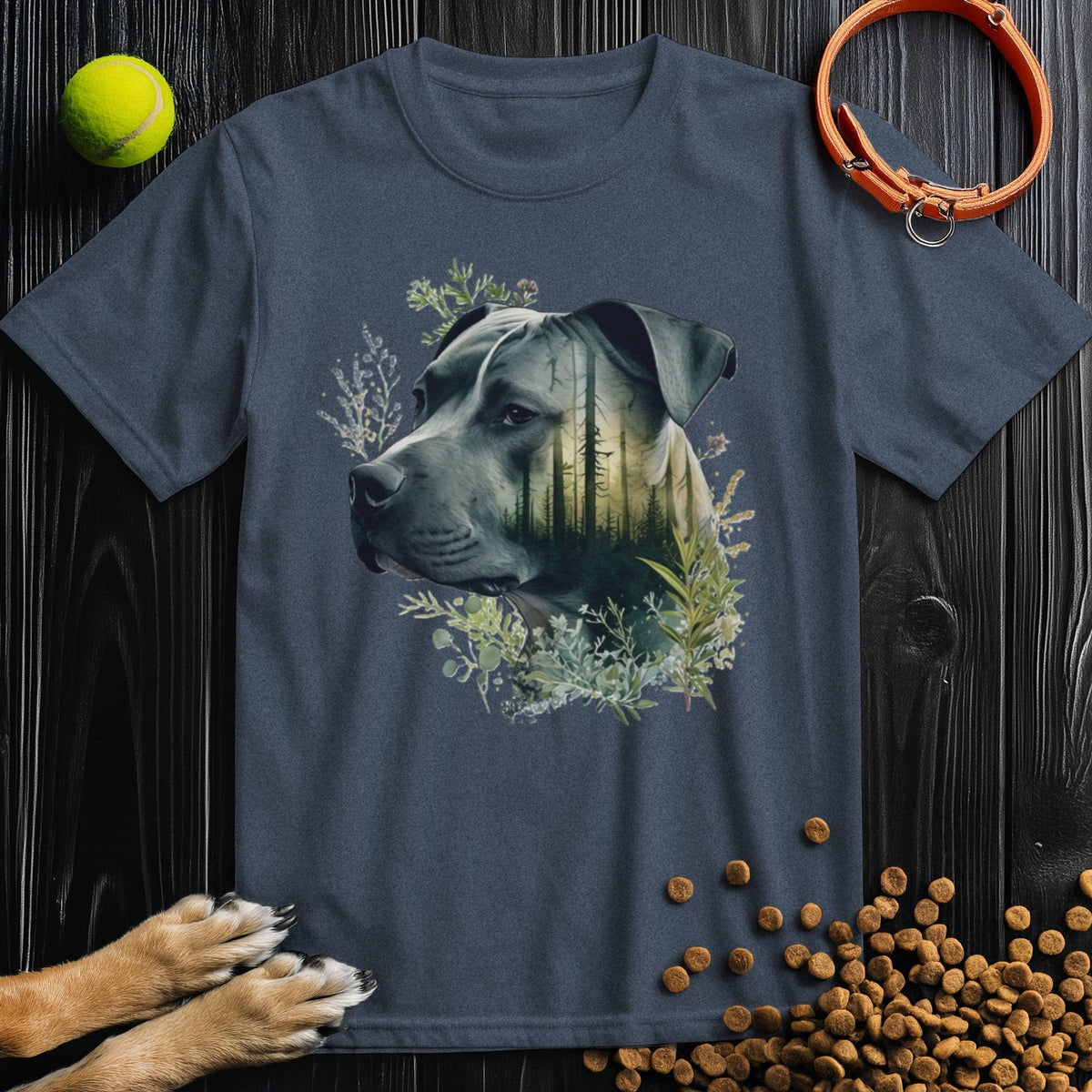 Navy blue Pitbull Dog T-Shirt - Forest Dreamer print featuring a forest silhouette in a Pitbull's face, soft cotton for casual wear.