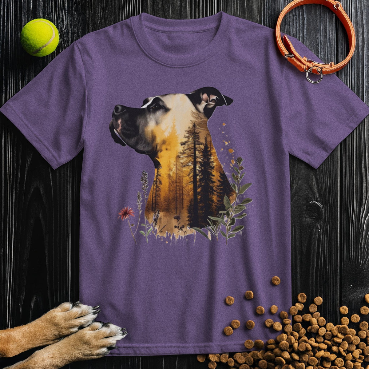 Purple Nature's Sentry Pitbull Dog T-Shirt with detailed pitbull and nature print, crafted from soft cotton, perfect for casual wear.