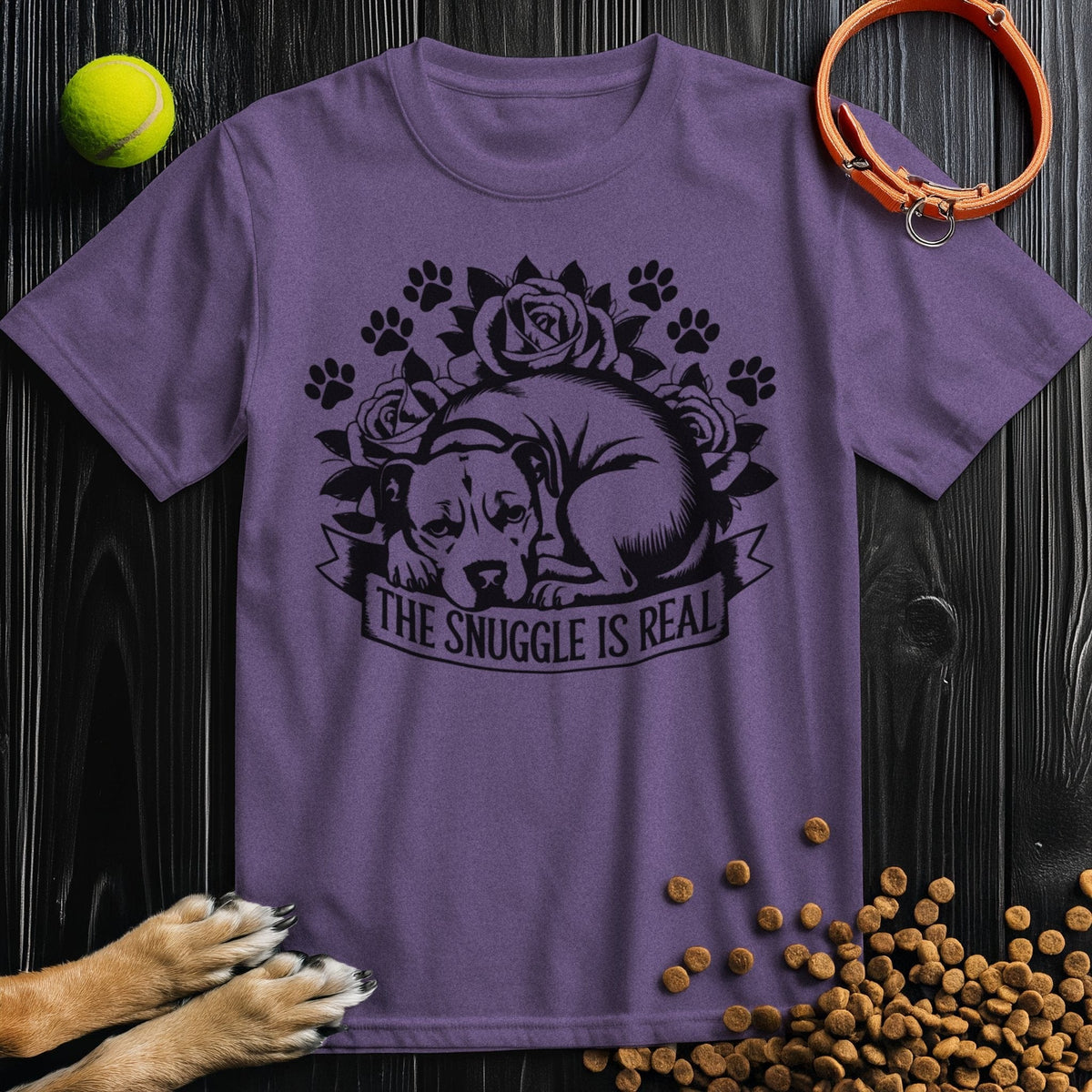 Snuggle Is Real Black T-Shirt in purple with dog and floral graphic, a cozy cotton tee perfect for animal lovers and casual outfits.