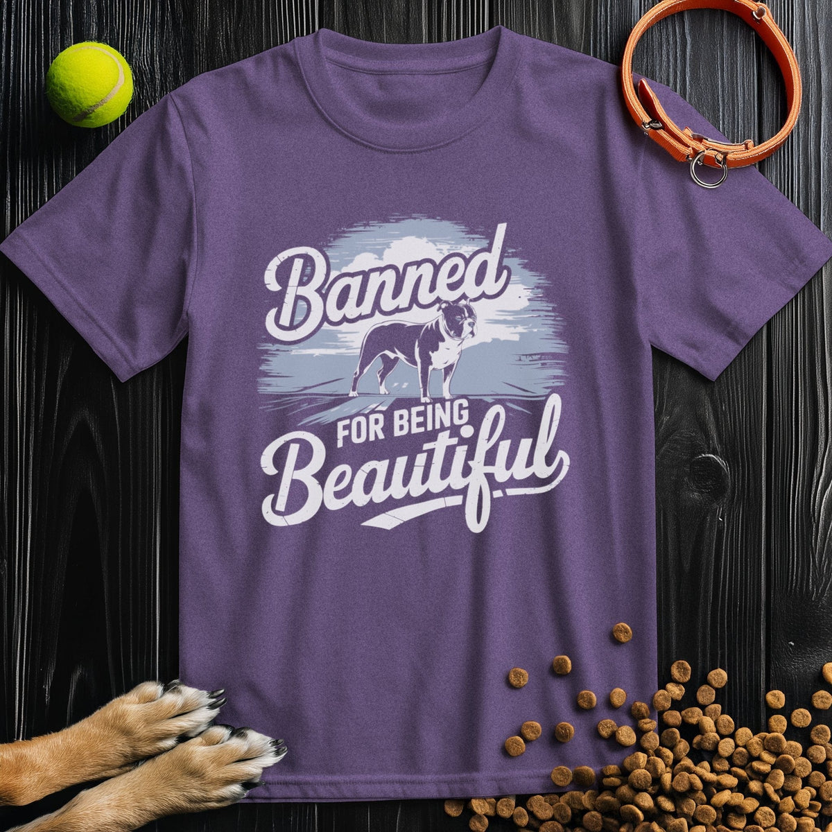 Purple Banned & Beautiful Pitbull T-Shirt with crew neck and regular fit, ethically produced for men and women who love dogs.