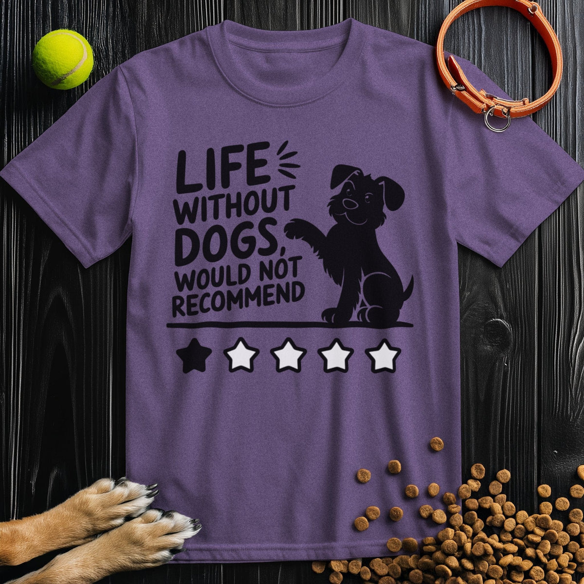 Purple ring-spun cotton T-shirt with dog-themed design and five-star humor rating, perfect for dog owners and pet enthusiasts.