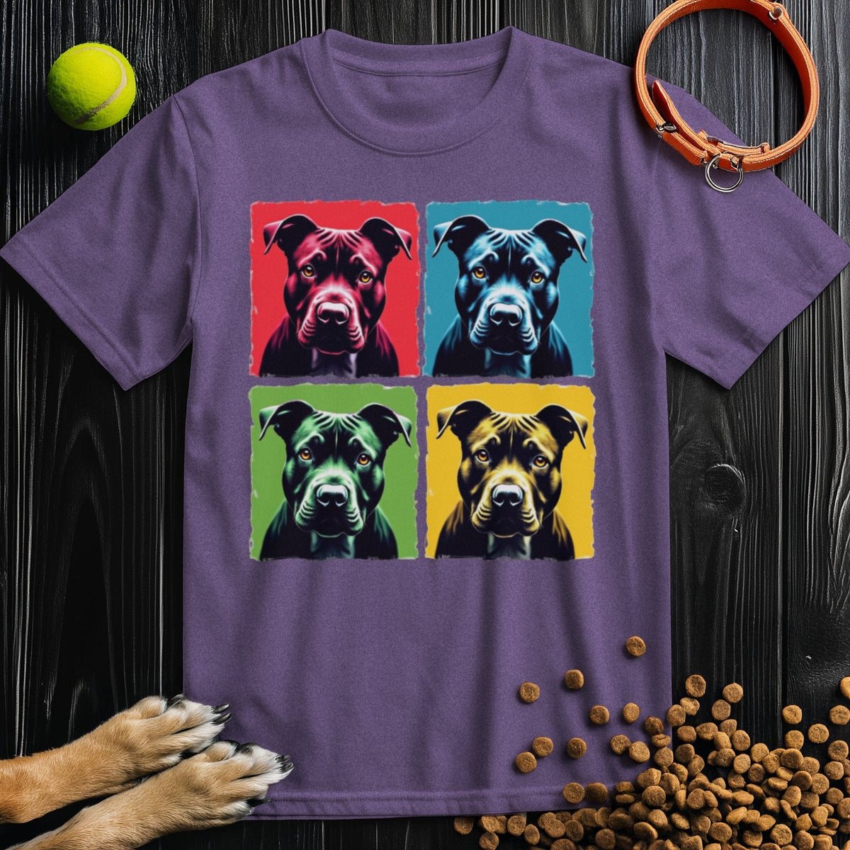 Purple Pittie Pop Art T-Shirt with colorful dog artwork. Comfortable cotton shirt ideal for pet lovers and summer outfits.