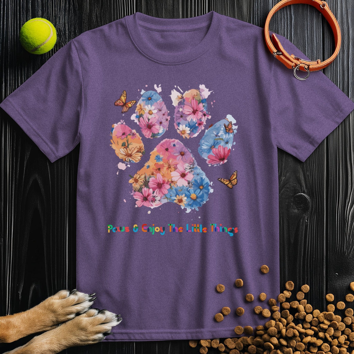Purple Paws & Enjoy Dog Watercolor Shirt with artistic paw print and butterflies, 100% cotton T-shirt designed for pet-friendly fashion lovers.