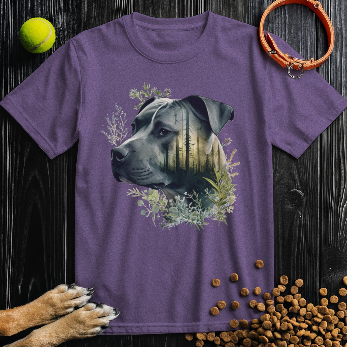 Purple Pitbull Dog T-Shirt - Forest Dreamer featuring a dreamy forest and dog illustration, perfect for animal lovers and casual outfits.