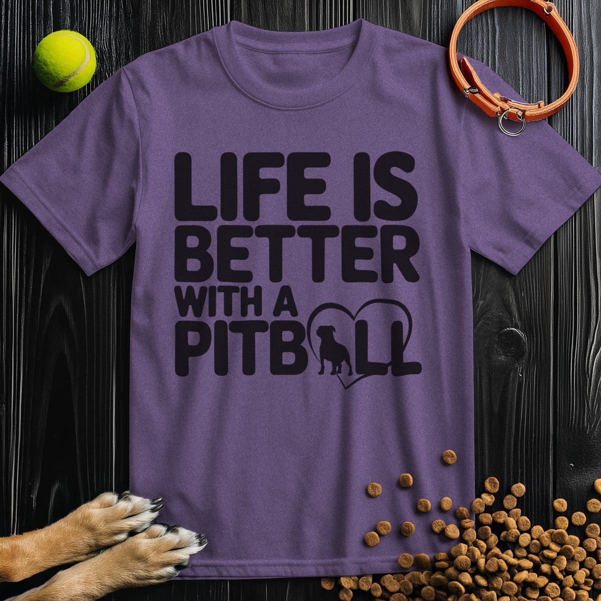 Purple Pitbull T-Shirt with black 'Life Is Better With A Pitbull' design. Regular fit cotton tee, Oeko-Tex certified for everyday wear.