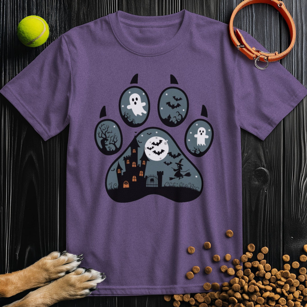Purple Wicked Paw Print Tee with Halloween elements inside a paw print. A fun, versatile cotton shirt for dog enthusiasts.
