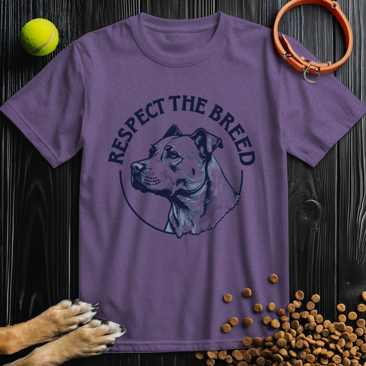 Purple Respect the Breed T-Shirt with a sketched dog design and slogan. Comfortable cotton unisex tee for animal advocates.