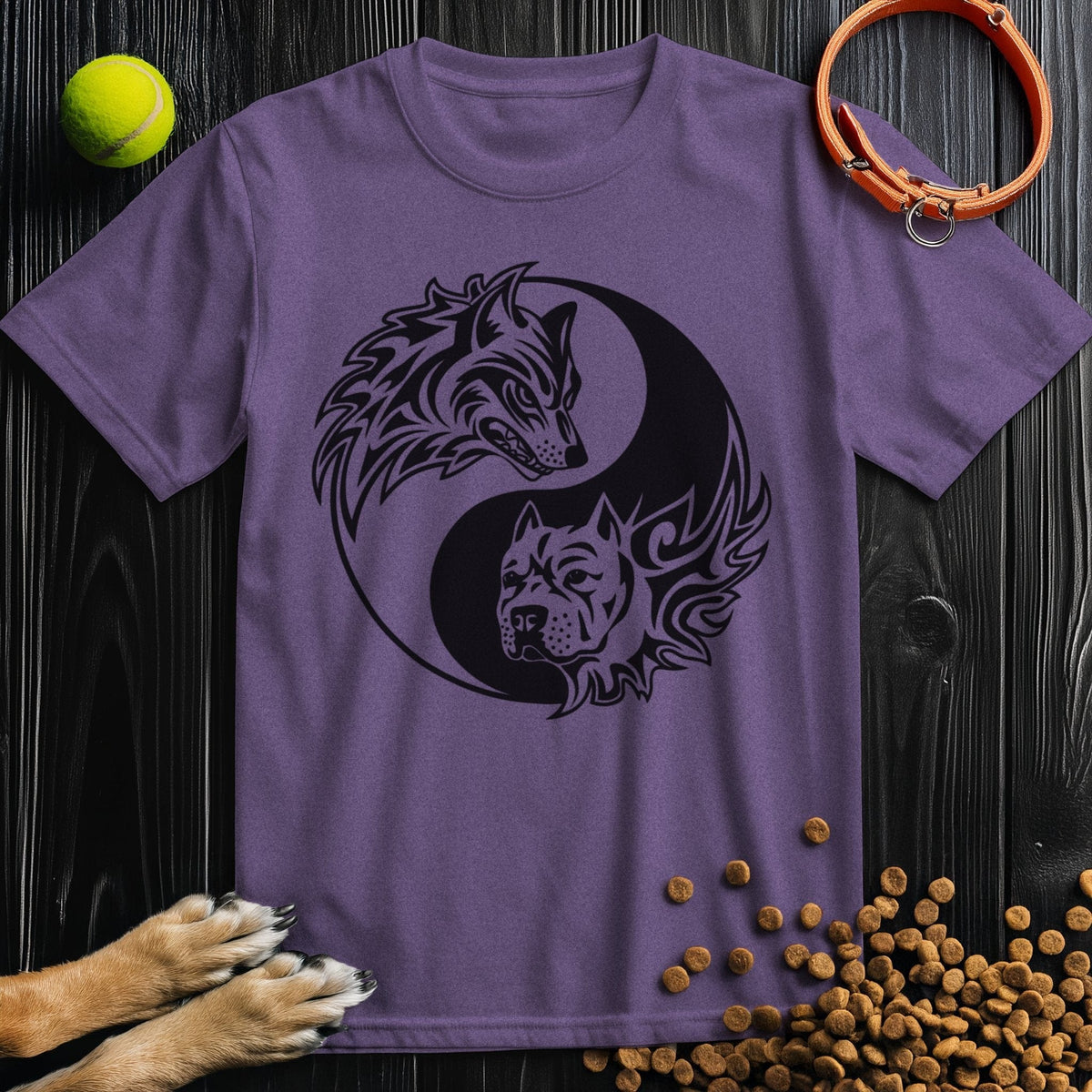 Purple Yin-Yang Wolf & Dog T-Shirt with black design, made from breathable cotton. A unique dog-themed tee for casual and summer outfits.
