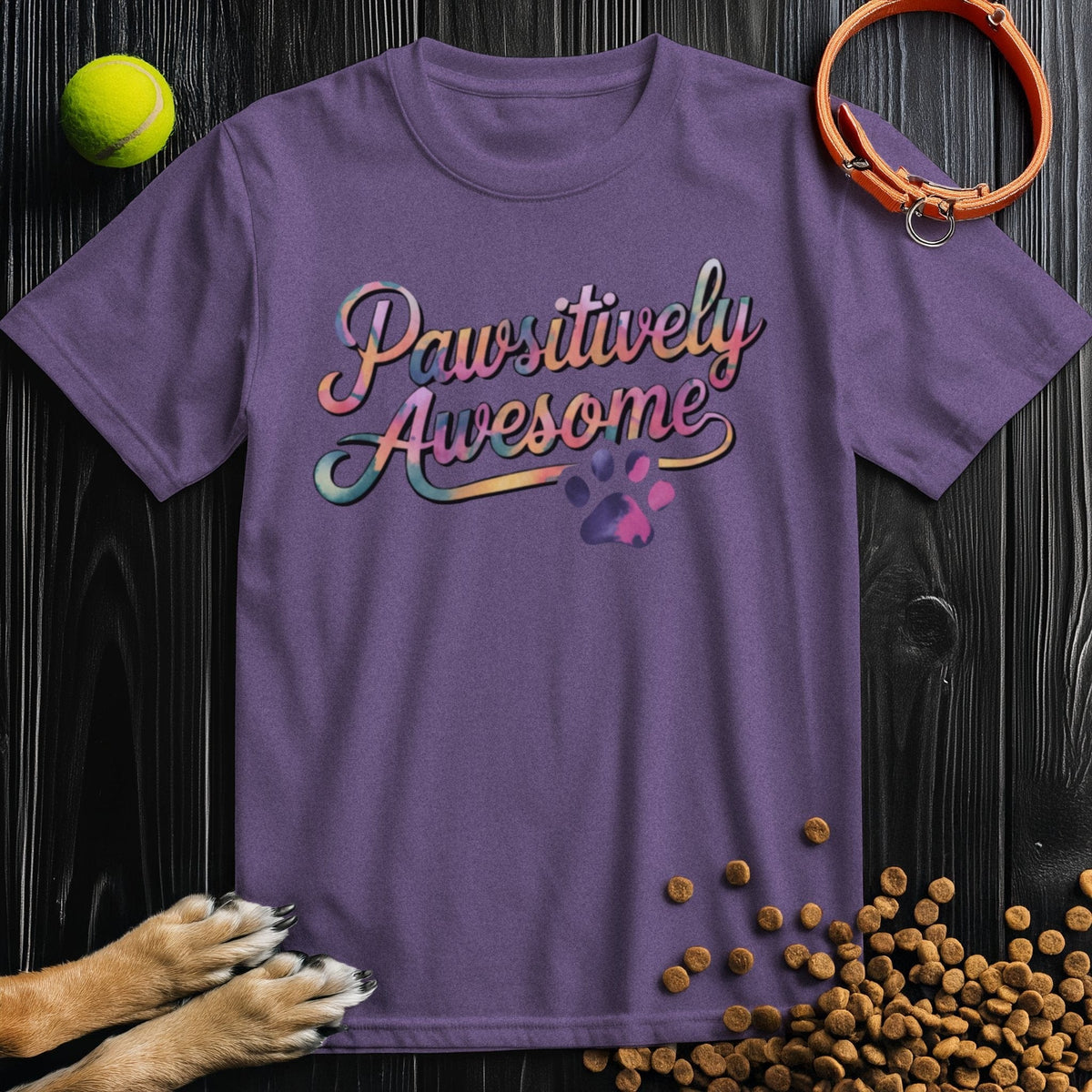 Purple Pawsitively Awesome Dog Shirt in soft cotton, showcasing vibrant lettering and paw print, great for dog lovers’ summer wear.