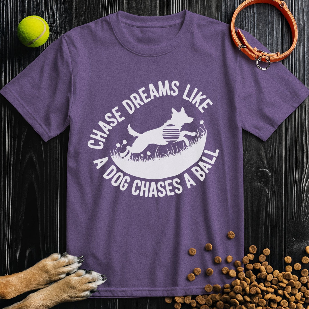 Purple Chase Dreams T-Shirt with white dog silhouette and quote. Stylish cotton dog tee shirt for casual or summer outfits.