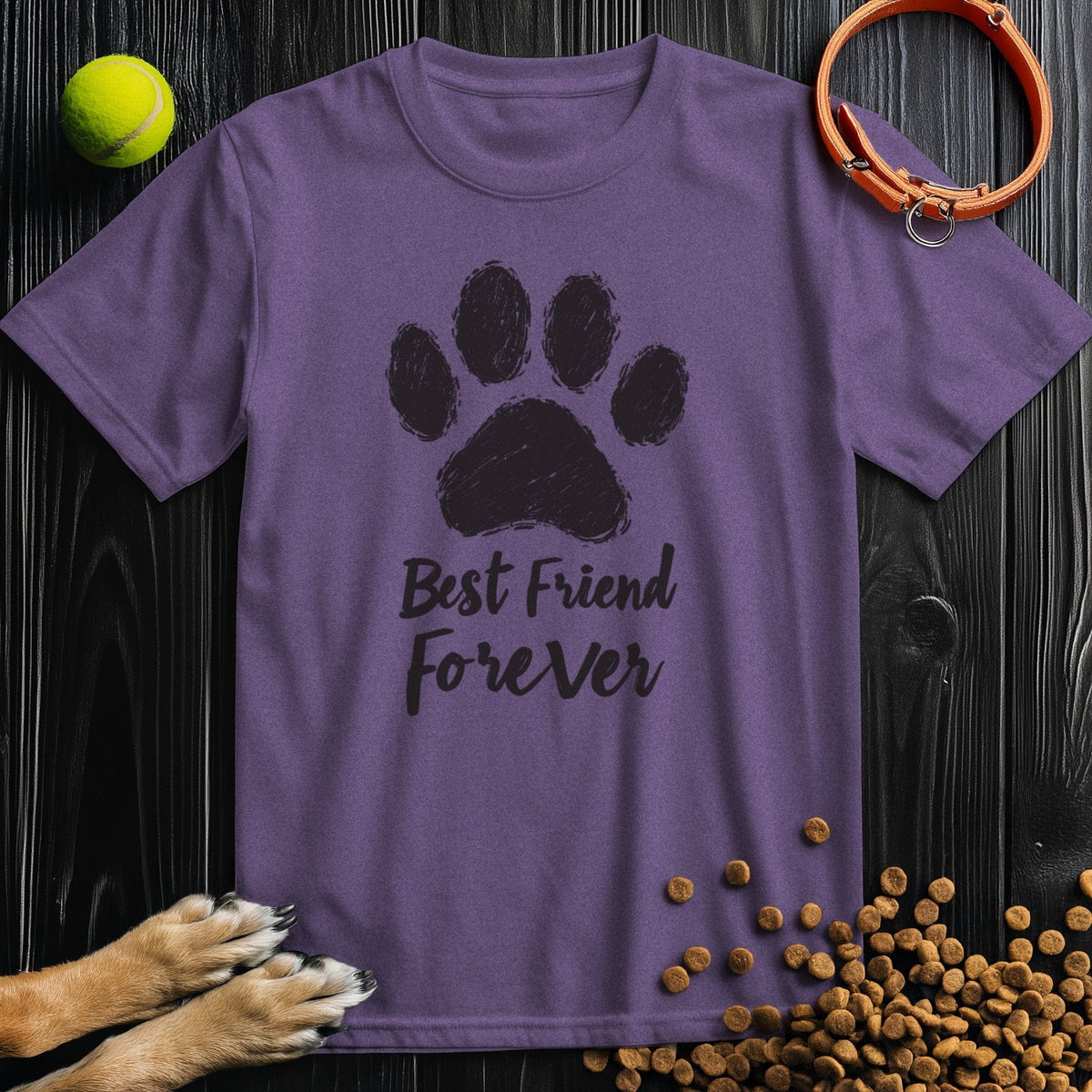 Purple Forever Black T-Shirt with paw print and 'Best Friend Forever' message. Regular fit cotton tee for animal lovers and casual style.