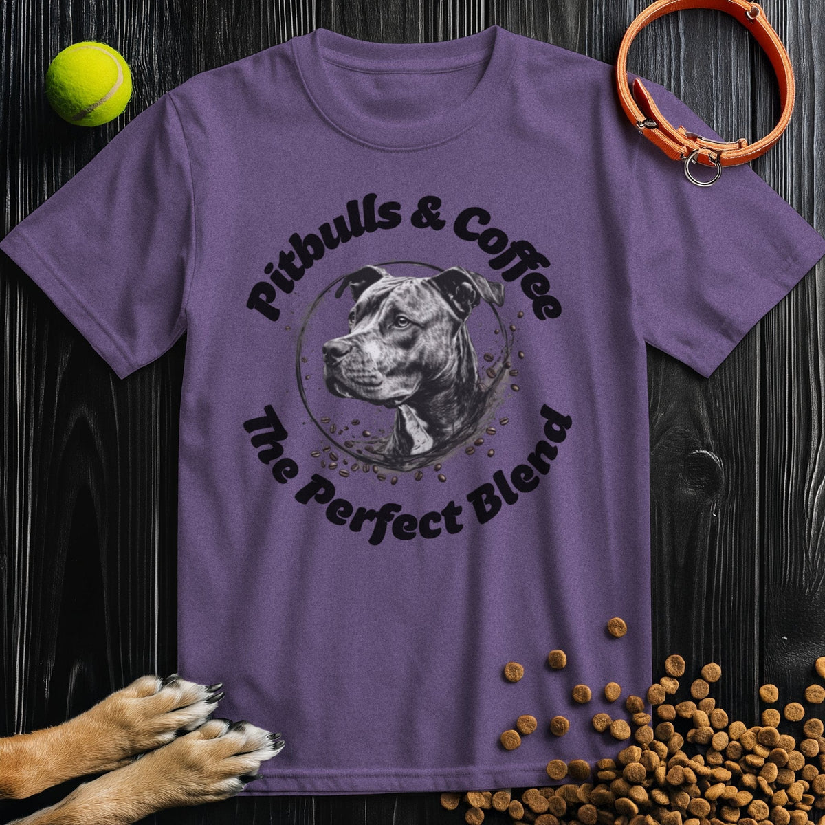 Purple Pitbull T Shirt showcasing a coffee-stained pitbull graphic. Stylish tee for dog moms and dads who love their morning cup.