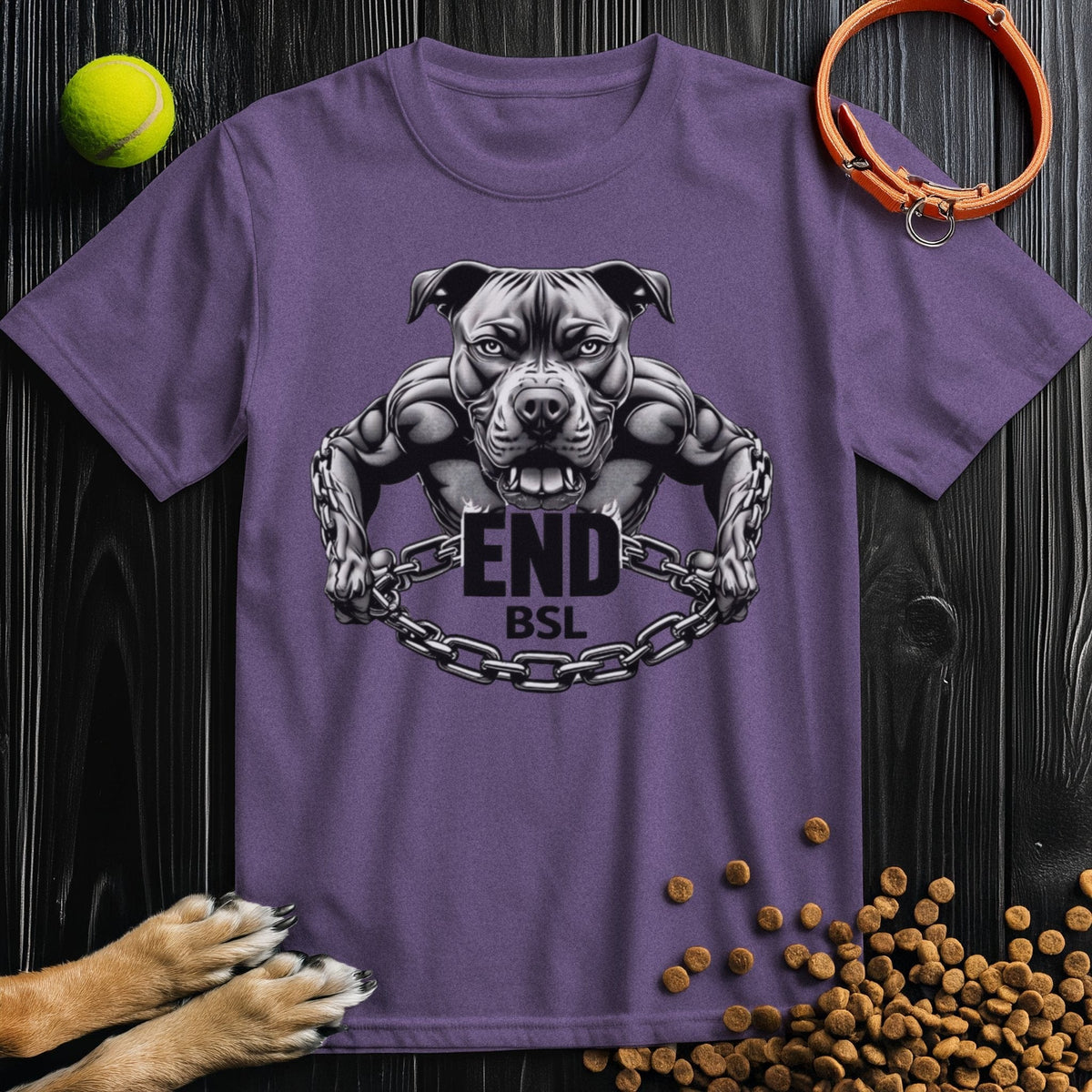Purple Unchained Spirit T-Shirt with strong Pitbull artwork and 'End BSL' text, designed in soft, breathable cotton fabric.