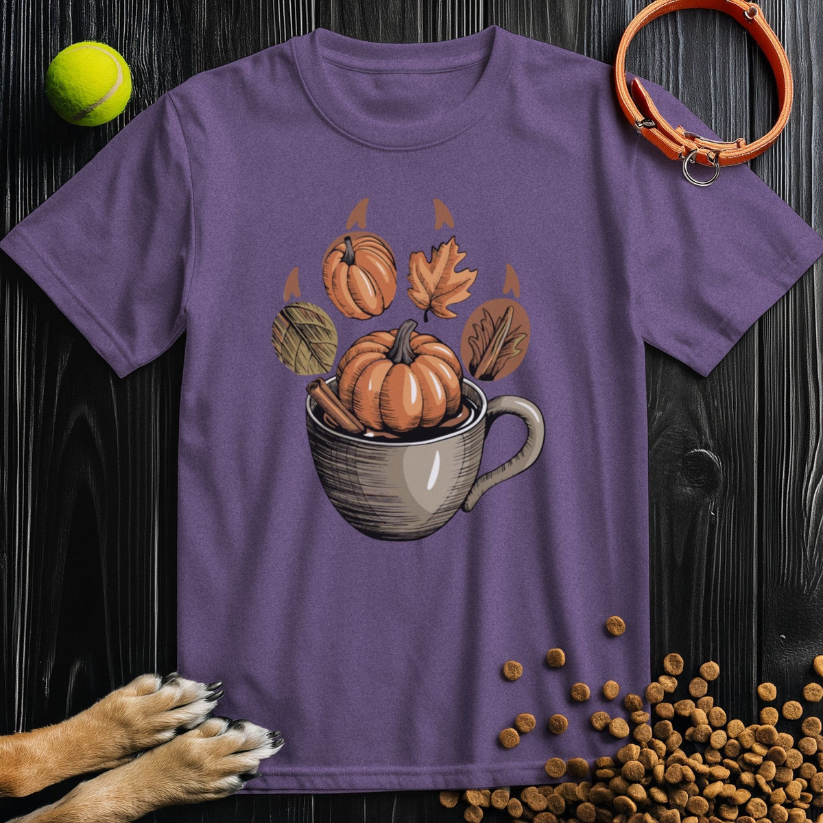 Purple Autumn Brew Paw Tee with fall pumpkin and leaf print, 100% cotton ethical t-shirt perfect for autumn fashion lovers.