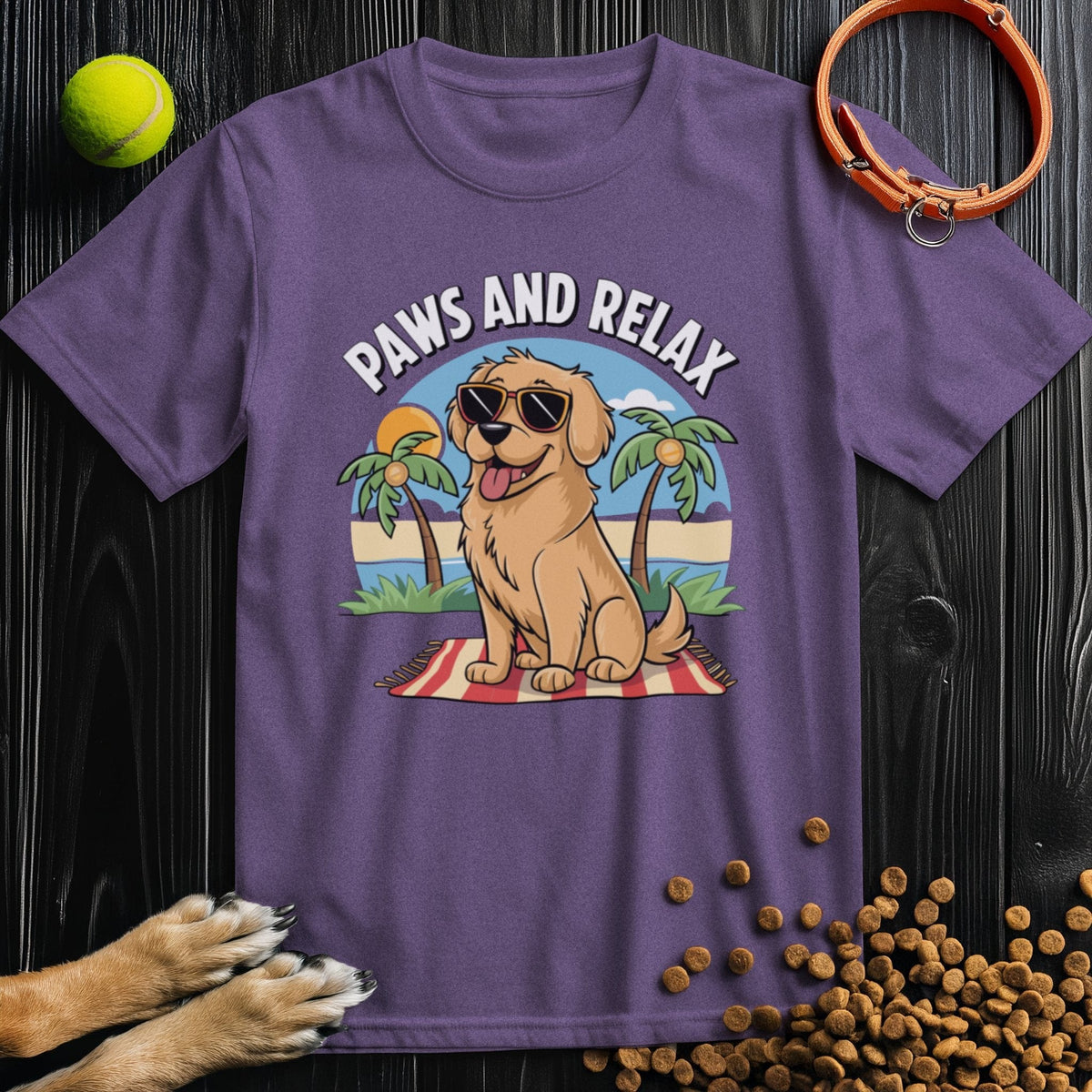 Purple Pup's Day Off Tee showcasing a cute dog in sunglasses on a beach towel. Fun dog theme shirt made from US-grown cotton.