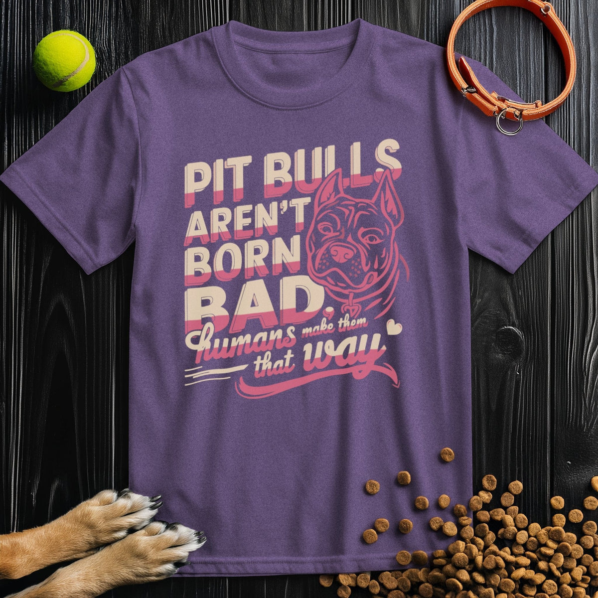 Purple Not Born Bad Pitbull T-Shirt with vintage-style typography and dog illustration, made from eco-conscious cotton fabric.