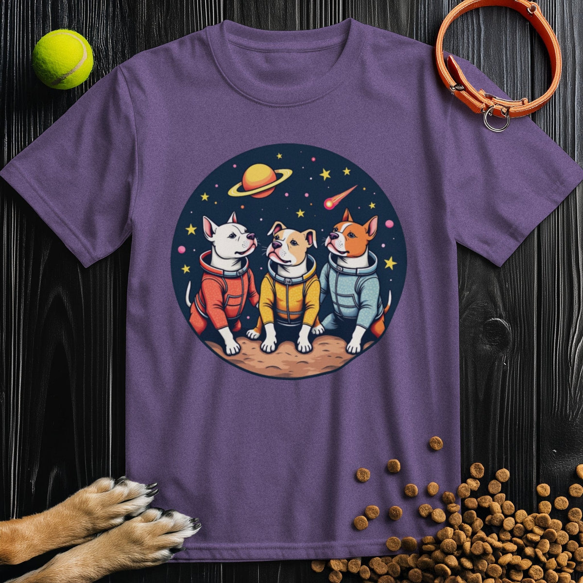 Purple Cosmic Pits T-Shirt for dog lovers featuring three cartoon dogs in astronaut suits on a planet with stars and a ringed planet in the background.