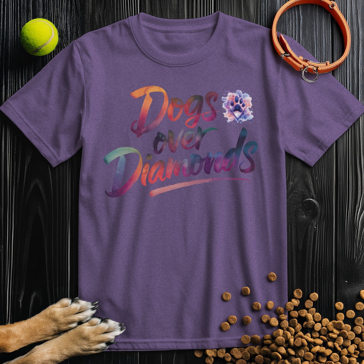 Purple Dogs Over Diamonds Watercolor T-Shirt with multicolor dog-themed print, crafted from soft US cotton for stylish comfort.