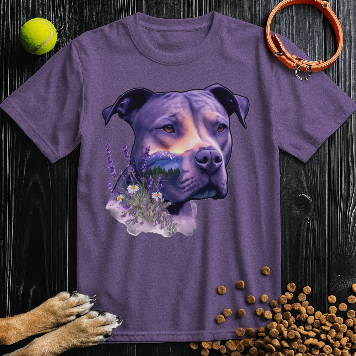 Nature's Guardian Shirt - Pitbull Dog T Shirt in purple with a detailed pitbull and lavender field design, made from 100% cotton for unisex wear.