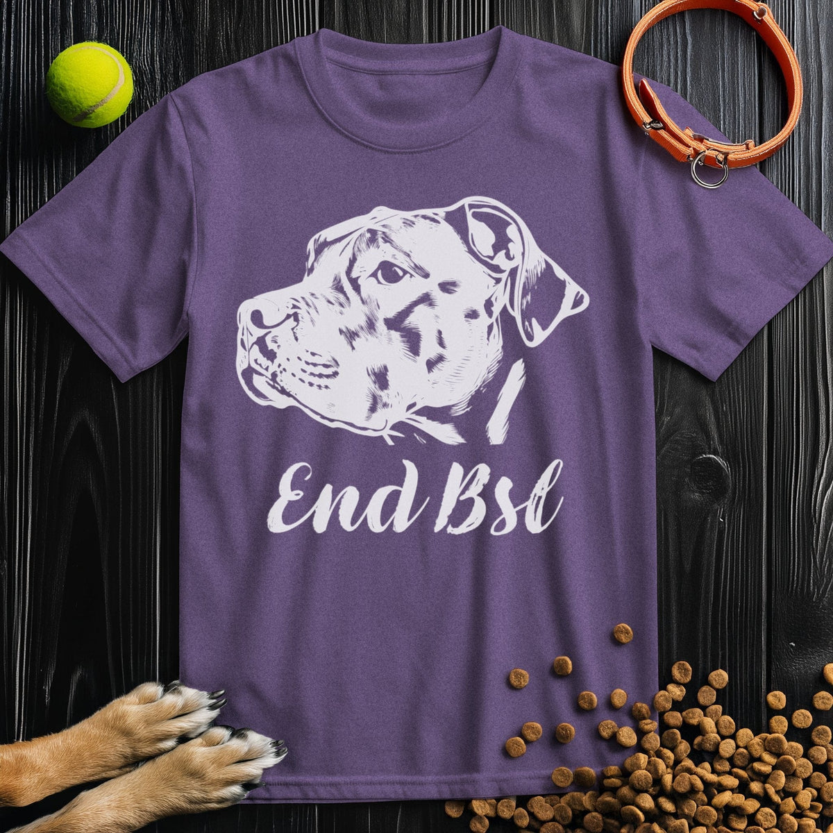 Purple End BSL Pitbull Dog T-Shirt in regular fit, made from soft US cotton, ideal for dog lovers supporting breed equality.