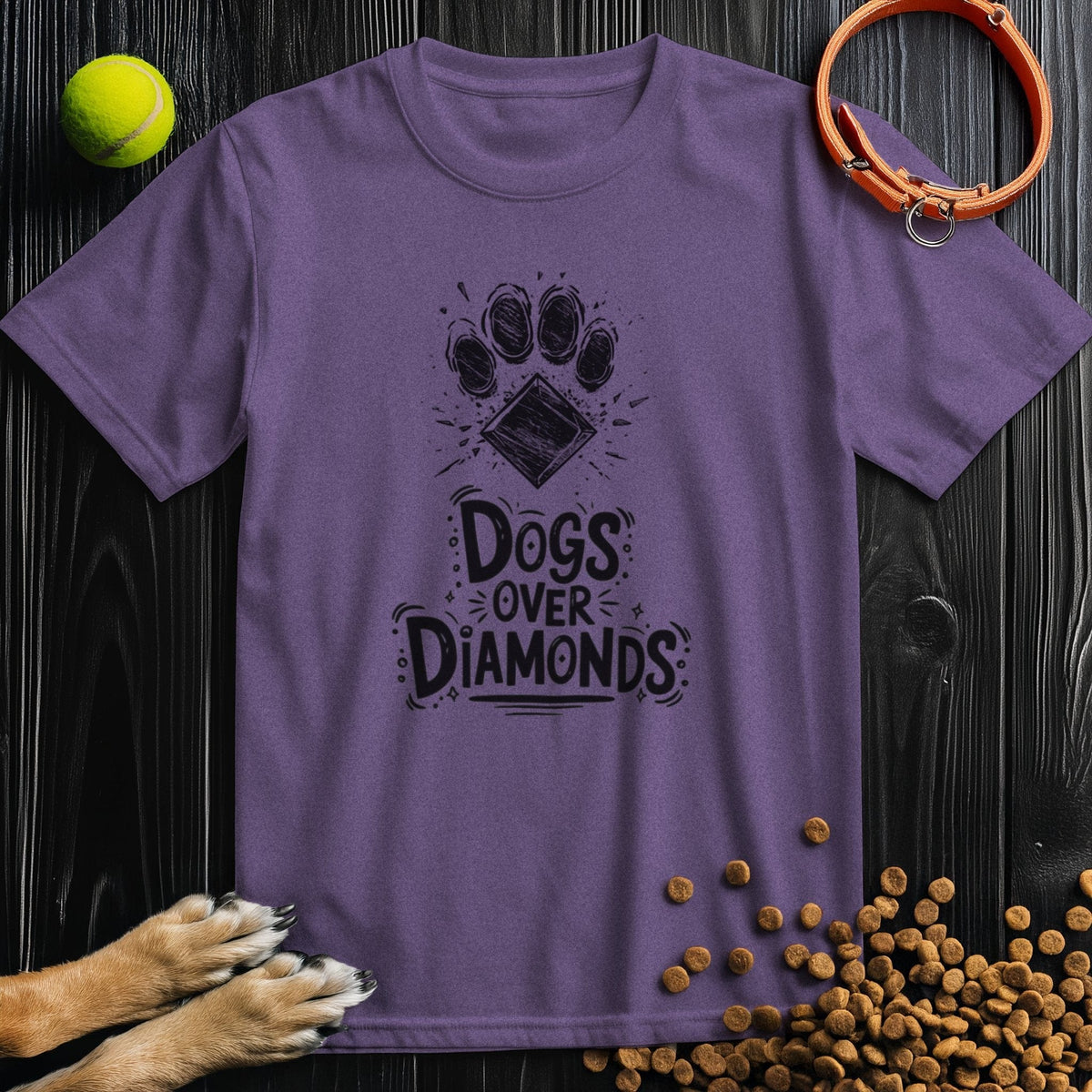 Purple Dogs Over Diamonds T-Shirt in regular fit, showcasing a paw and diamond design, made from sustainable cotton for pet lovers.