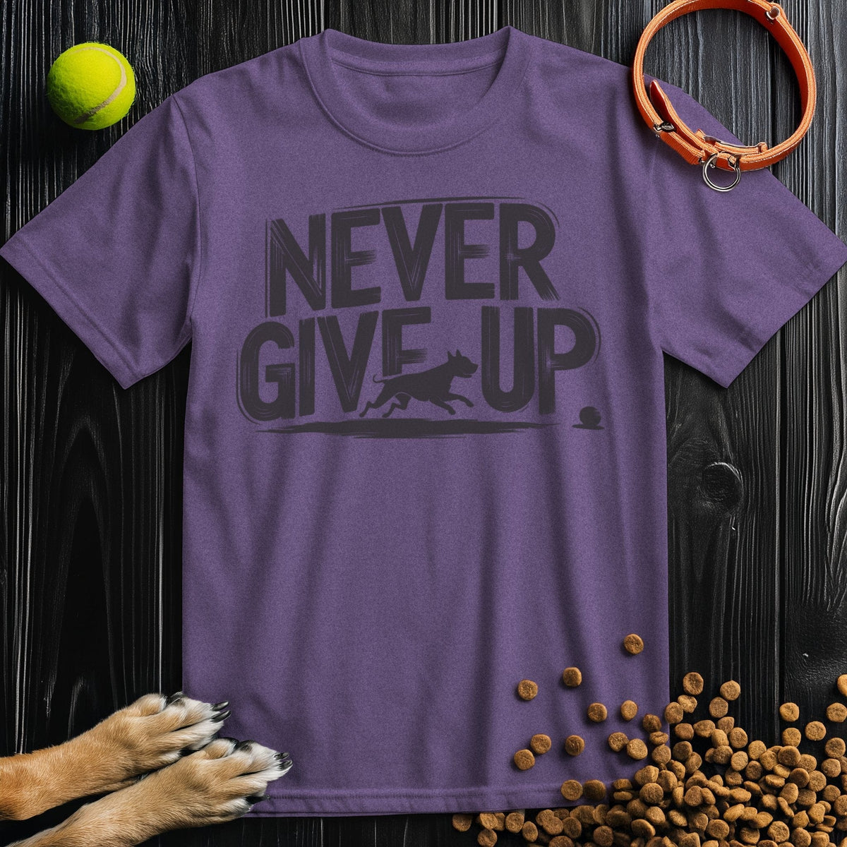 Purple Never Give Up T-shirt with dog graphic, made from soft cotton, regular fit crew neck for casual unisex wear.