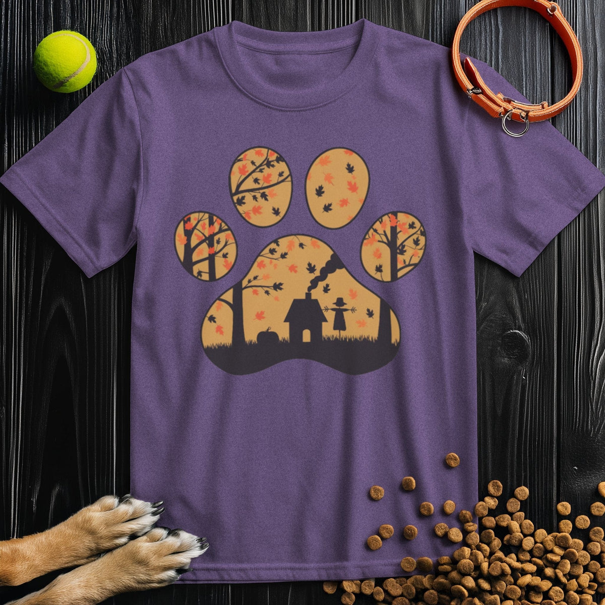 Purple Harvest Woods T-Shirt with fall-themed paw print design. Ethically made dog themed shirt perfect for casual wear and pet lovers.