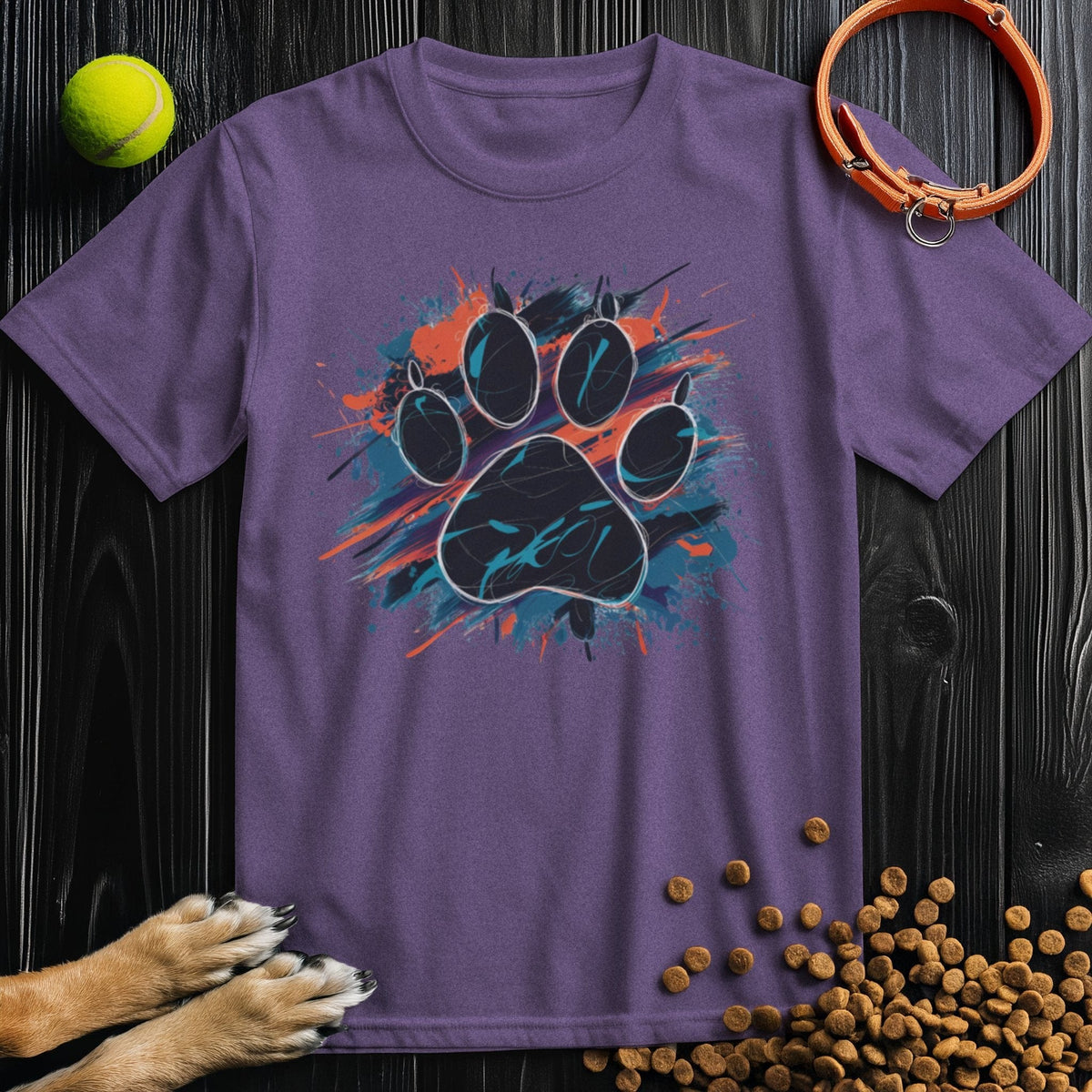 Purple Urban Dog Paw Print T-Shirt with splash design, available at Good Boy Mob Store. Unisex cotton tee supporting rescue dogs.